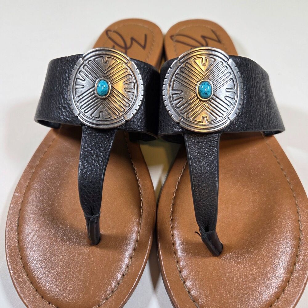 Zodiac Ingrid Black Leather Concho Thong Sandals Turquoise Medallion Women's 7.5